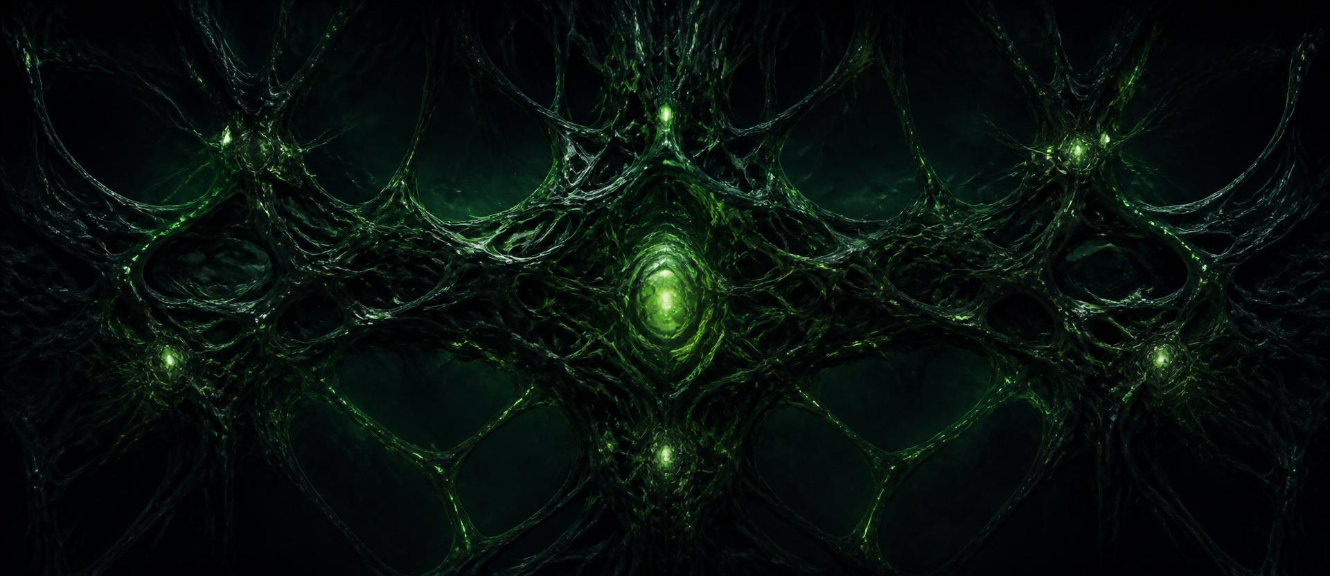 Biomechanical lattice network — glowing neural pathways in a dark organic mesh